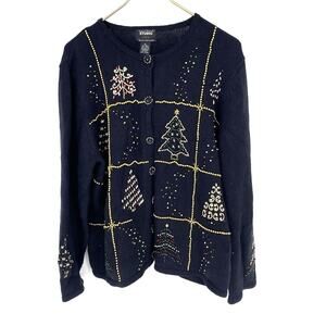 Vintage 90s Christmas Tree Holiday Beaded Sweater Cardigan Women's Size XL